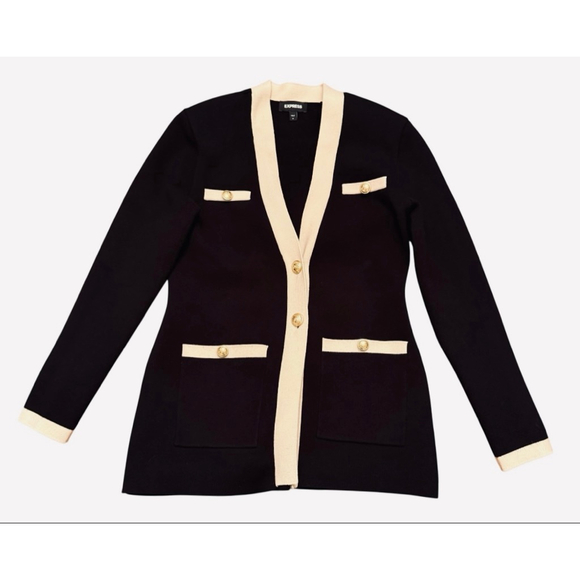 Women's EXPRESS Black & White Cardigan Sweater Gold Buttons Medium - Picture 6 of 12